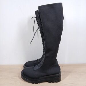 Cucco Knee High Boots Womens 6.5 Black Chunky Lace Up Stretch Sock Combat Boot